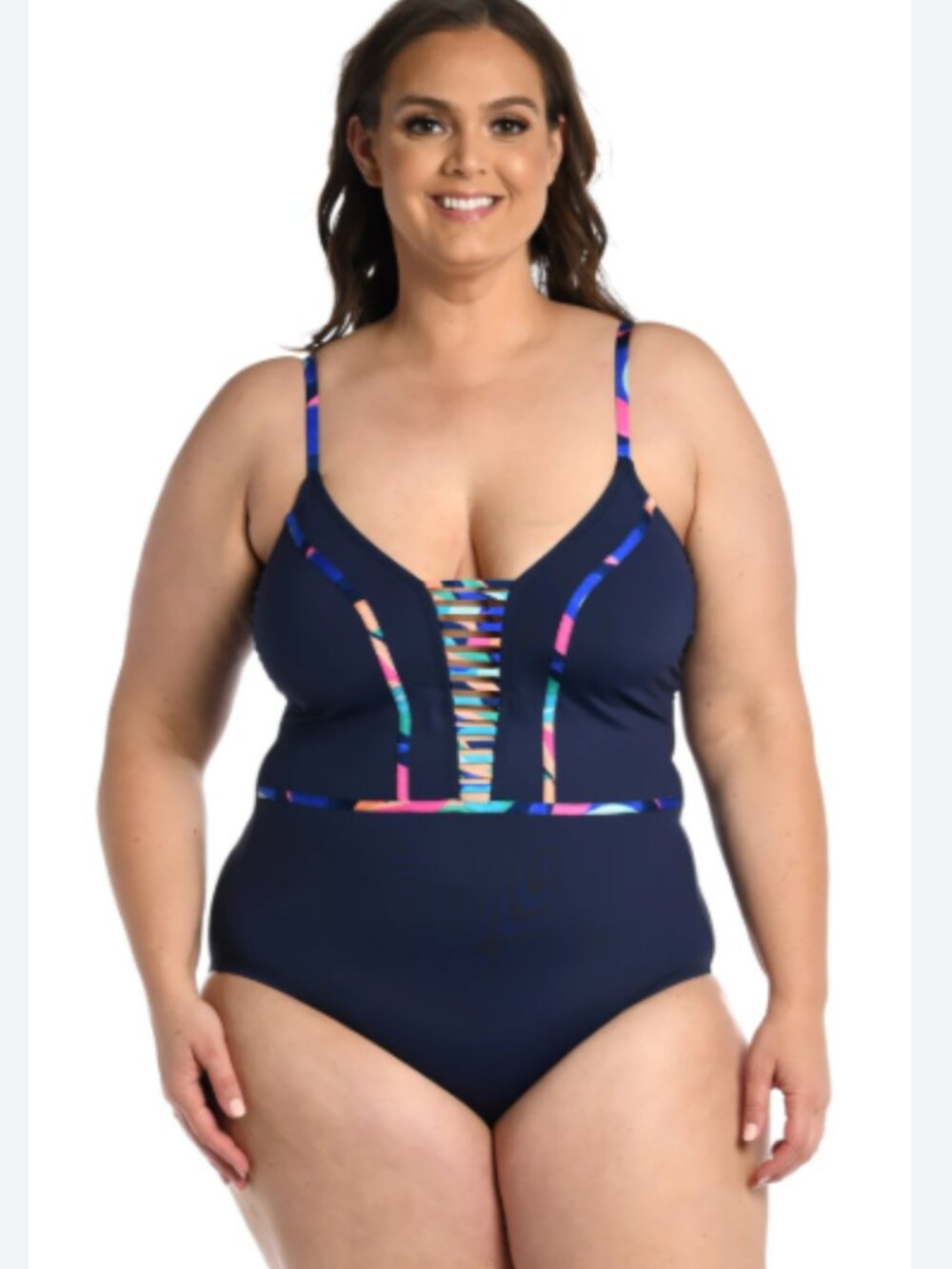 La Blanca Painted Leaves Plunge Neck Cross Straps One Piece Swimsuit Size 18W